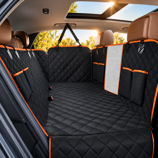 Dog car seat cover hammock in Orange Edge With Net, with mesh window, fitted across a car's back seat